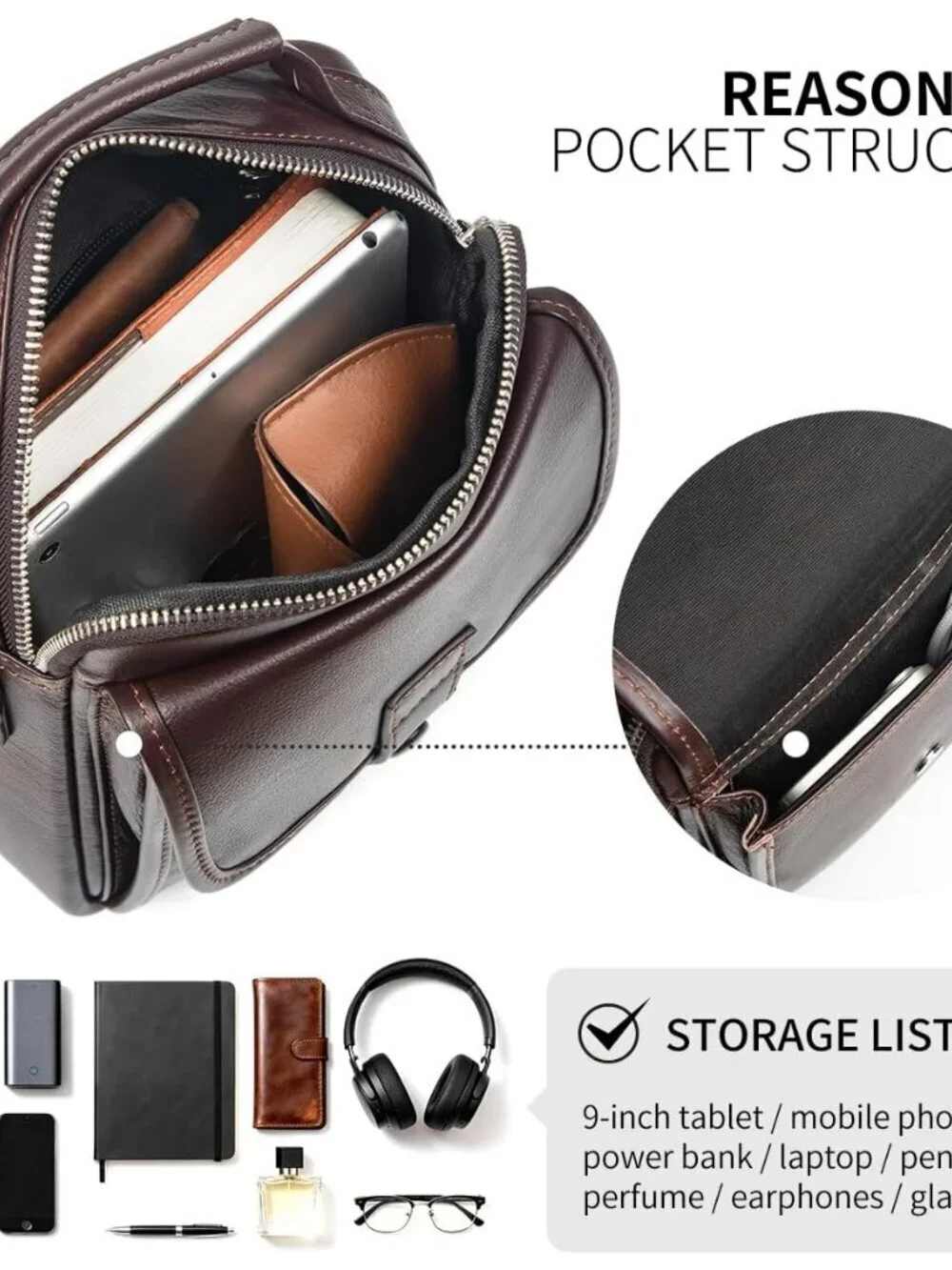 Men's Dark Brown Leather Shoulder Sling Travel Crossbody Magnetic Buckle Bag